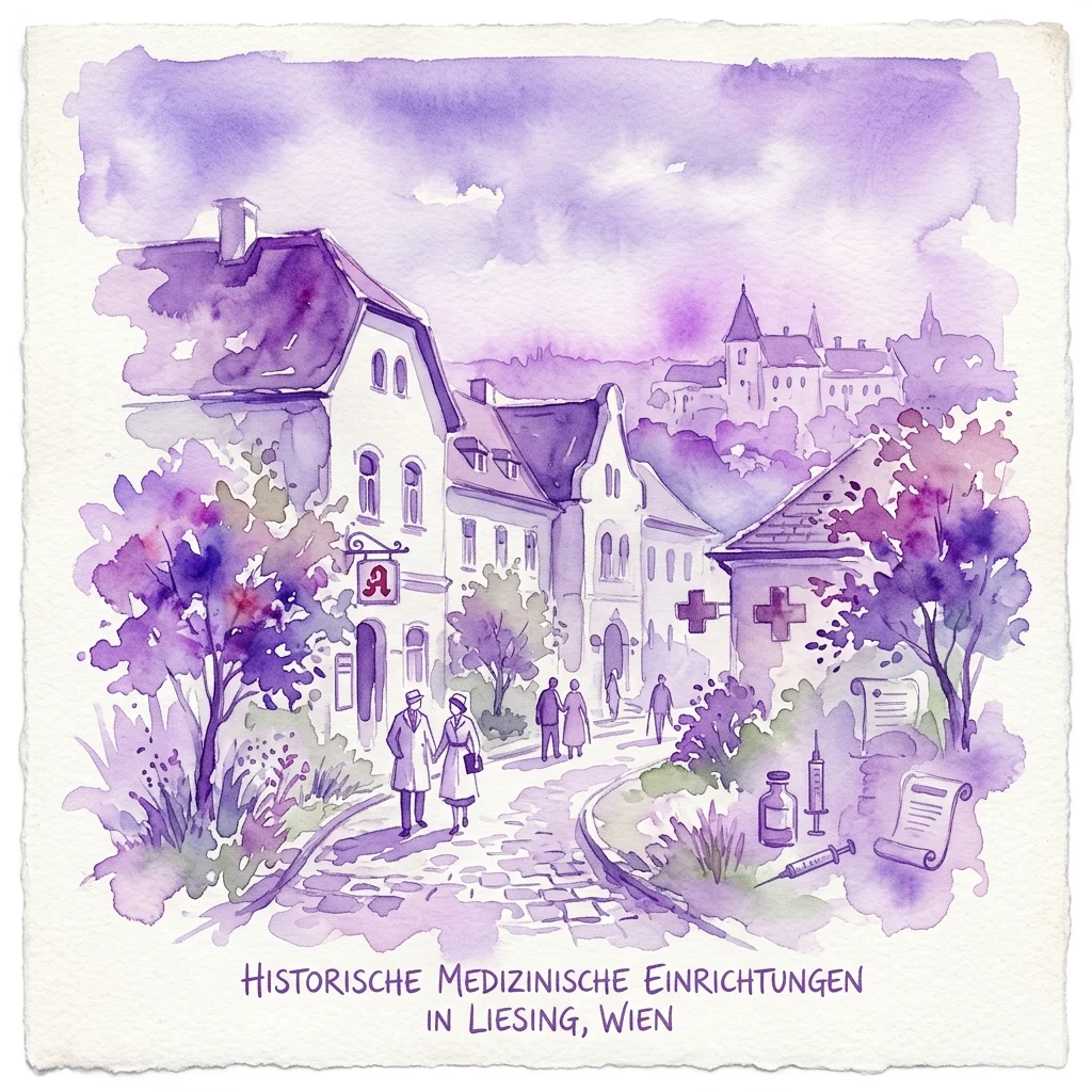 Ilustracja akwarelowa przedstawiająca historyczne placówki medyczne w Liesing, Wiedniu, z zabytkowymi budynkami, znakami z krzyżem medycznym oraz zabytkowymi instrumentami medycznymi, takimi jak strzykawki i butelki.