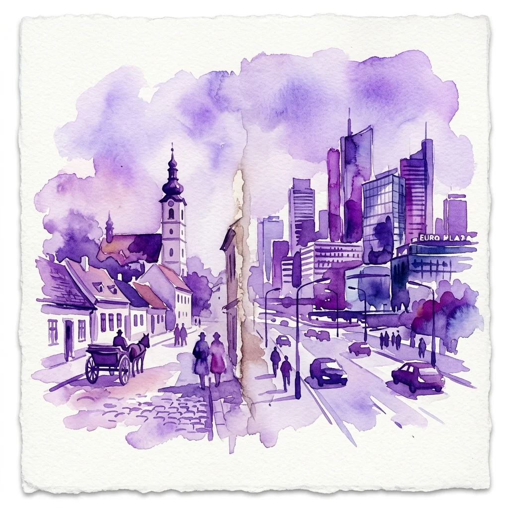 Ilustracja akwarelowa przedstawiająca transformację dzielnicy Meidling w Wiedniu, z historycznymi scenami wiejskimi po lewej stronie i nowoczesnym krajobrazem miejskim po prawej, symbolizującą rozwój urbanistyczny na przestrzeni czasu.