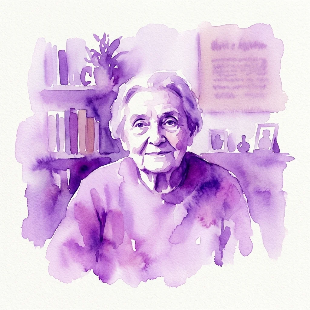 Portret w akwareli starszej kobiety w pokoju o fioletowej tonacji z półkami na książki i osobistymi przedmiotami, przedstawiający mieszkankę domu opieki Simmering na wystawie 'Mein Rat fürs Leben'.