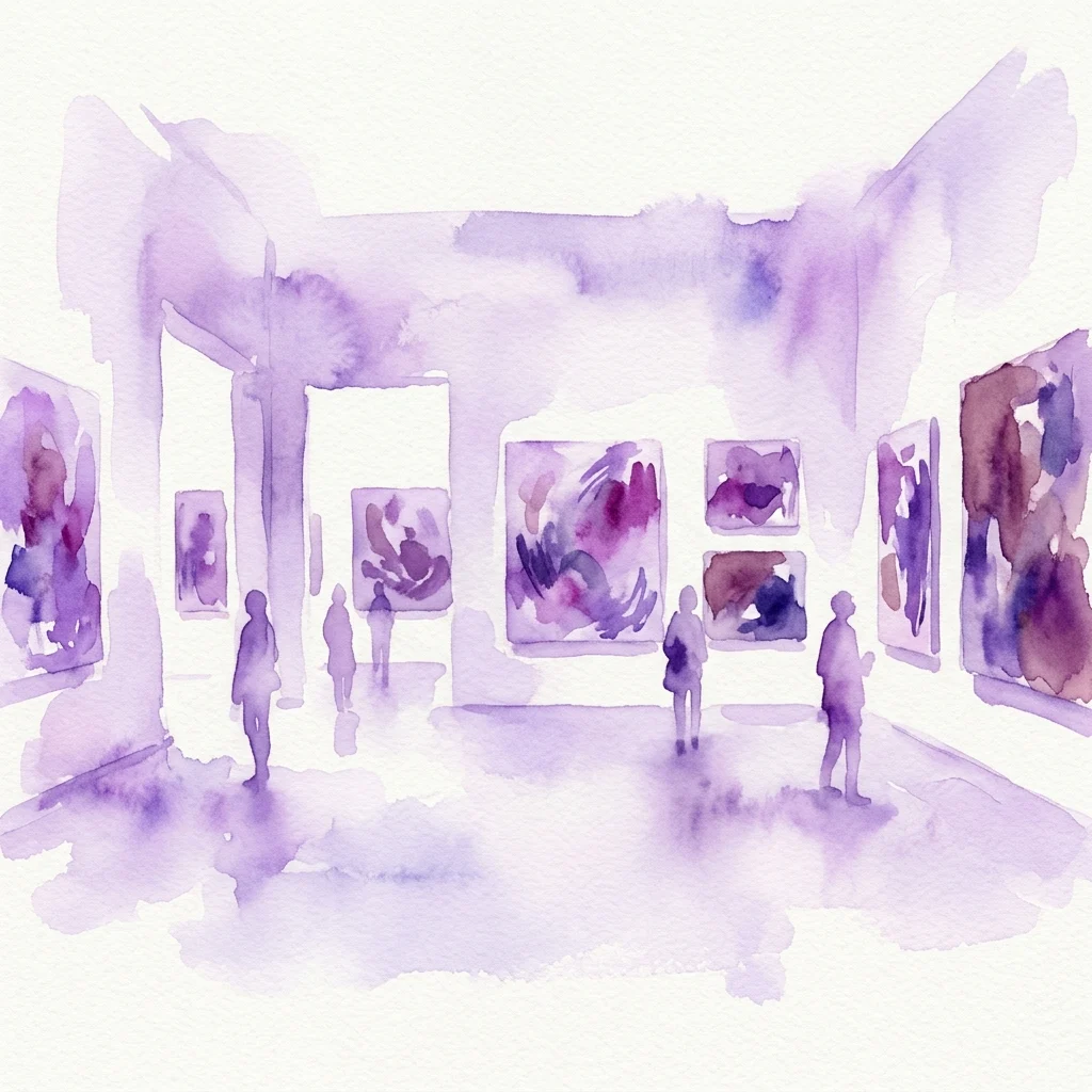 Ilustracja akwarelowa galerii sztuki z odwiedzającymi oglądającymi abstrakcyjne obrazy w odcieniach fioletu i magenty na ścianach.