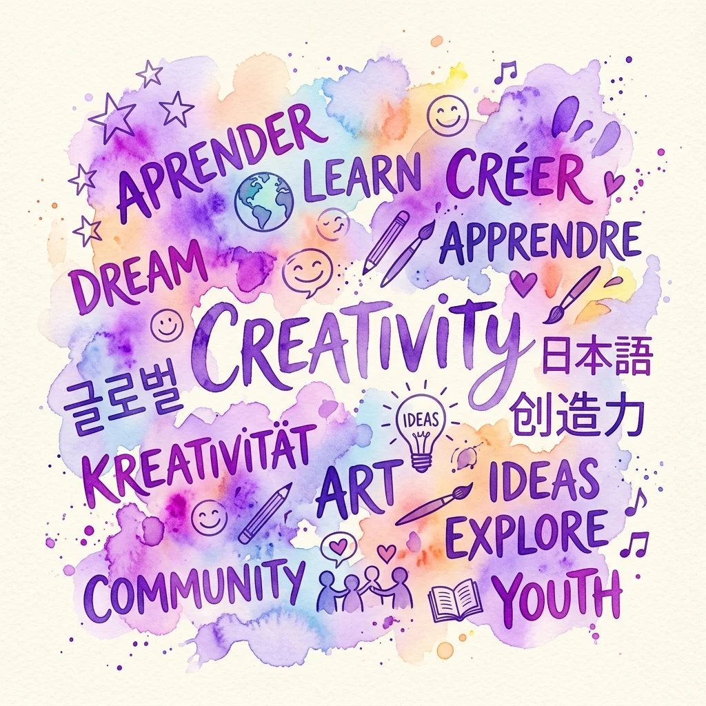 Un vibrante collage de acuarela con palabras multilingües como 'CREATIVIDAD', 'APRENDER', 'SOÑAR' y 'JUVENTUD' en varios idiomas, rodeado de símbolos de arte, comunidad y conexión global.