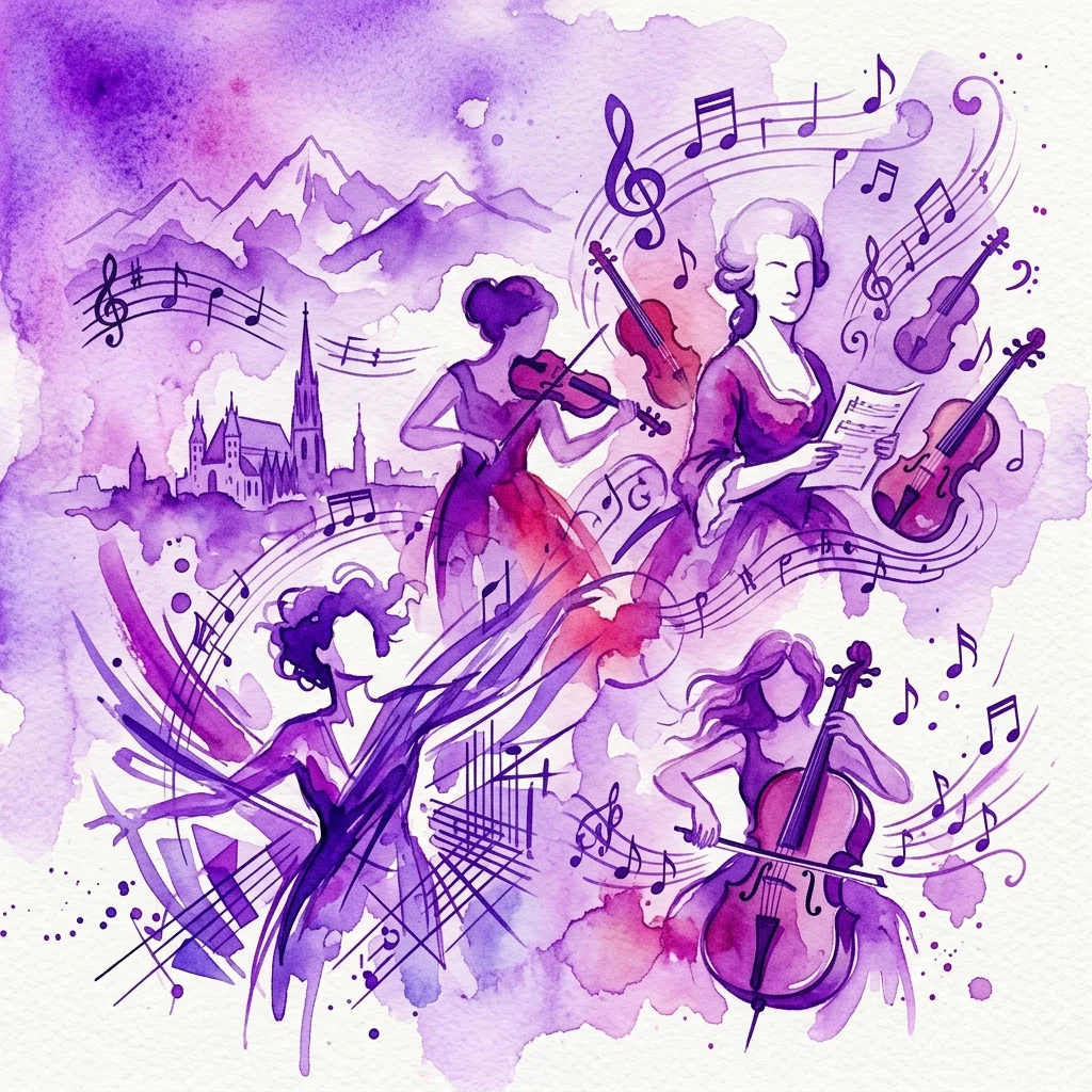 Ilustracja akwarelowa przedstawiająca muzyczki grające na skrzypcach i wiolonczelach, otoczone nutami i panoramą miasta z górami w tle, reprezentująca wystawę MusicaFemina 1020.