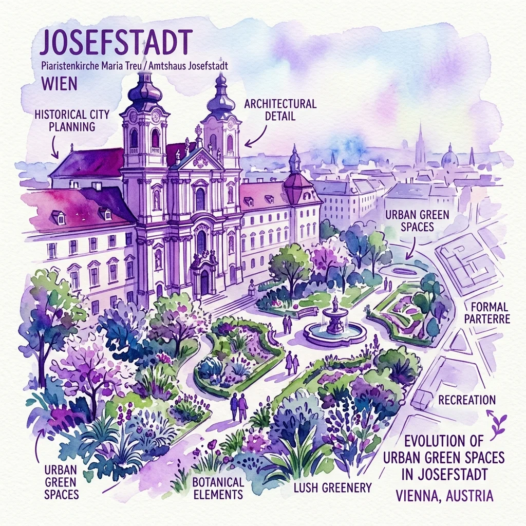Ilustración en acuarela de Josefstadt en Viena, que muestra un palacio barroco, jardines formales y espacios verdes urbanos, destacando la planificación urbana histórica y la evolución de la vegetación urbana en Austria.