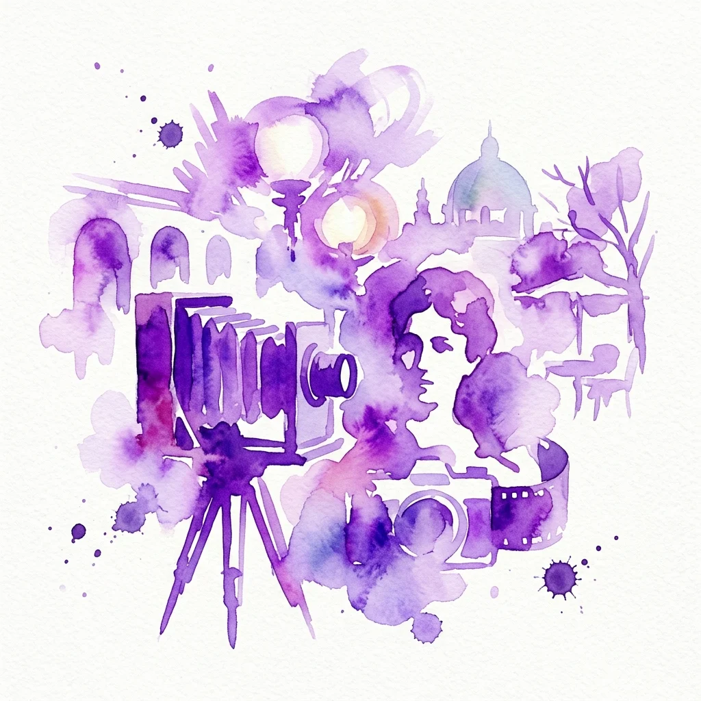 Ilustracja akwarelowa w odcieniach fioletu przedstawiająca zabytkowe aparaty fotograficzne, rolki filmowe i sylwetkę kobiecej twarzy, z budynkiem w kształcie kopuły w tle, reprezentująca wystawę Reflecting HERstory o żydowskich fotografkach w Wiedniu.