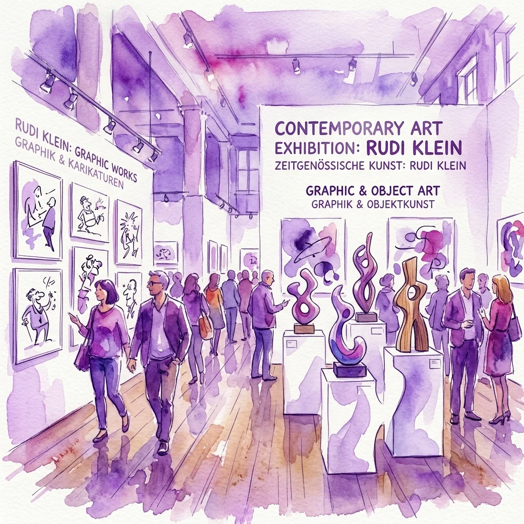 Ilustración en acuarela de una exposición de arte contemporáneo que presenta el arte gráfico y de objetos de Rudi Klein, con visitantes admirando sus caricaturas y esculturas en una sala de galería.