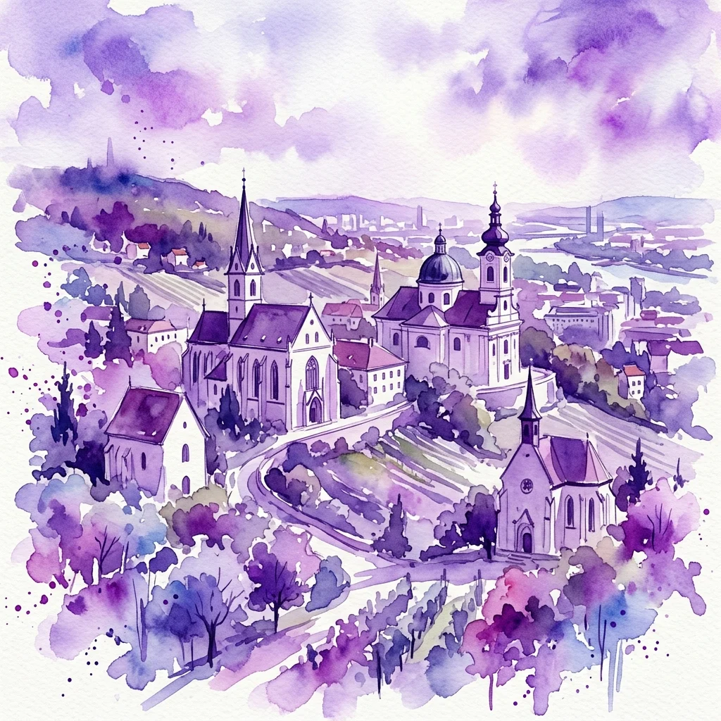 Akwarela przedstawiająca historyczne kościoły w Döbling w Wiedniu, ukazująca style architektoniczne na przestrzeni wieków w odcieniach fioletu i błękitu na tle wiedeńskiego krajobrazu.