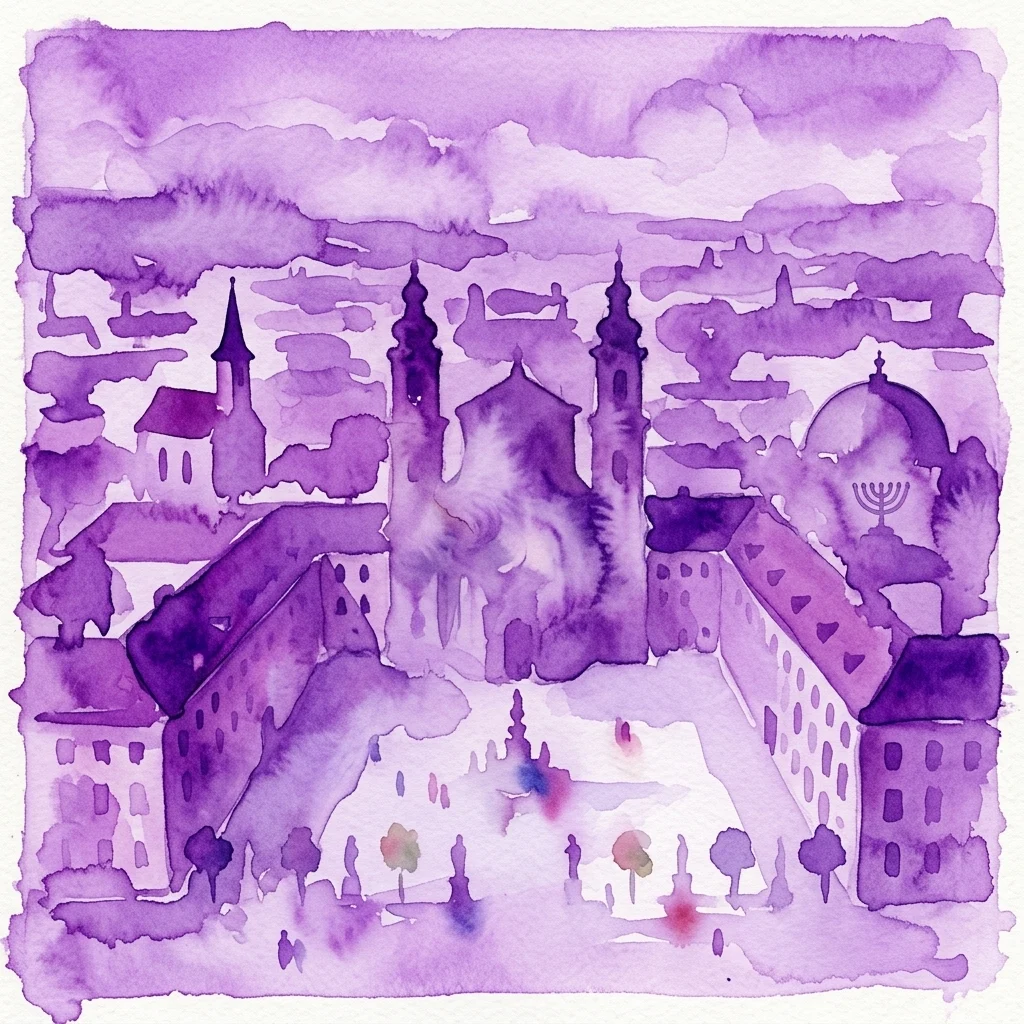 Fioletowa akwarelowa ilustracja budowli sakralnych w wiedeńskiej dzielnicy Josefstadt, przedstawiająca kościoły, synagogę z menorą i inne obiekty religijne w miejskim krajobrazie.