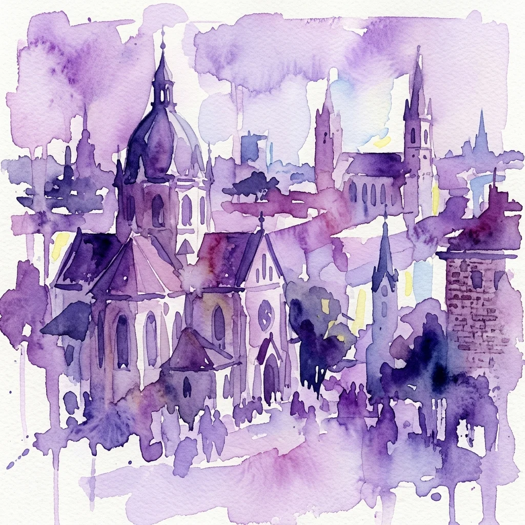 Ilustracja akwarelowa przedstawiająca święte budowle w Fünfhaus w Wiedniu, z kopułami, iglicami i fioletowymi barwami, oddająca dziedzictwo architektoniczne dzielnicy.