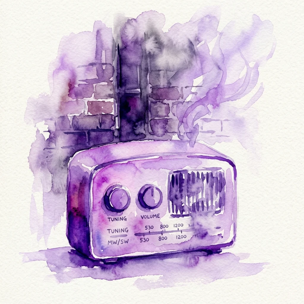Ilustracja akwarelowa zabytkowego fioletowego radia z gałkami strojenia i głośności, na tle ceglanego komina z dymem, symbolizująca temat wystawy 'Schall & Rauch'.