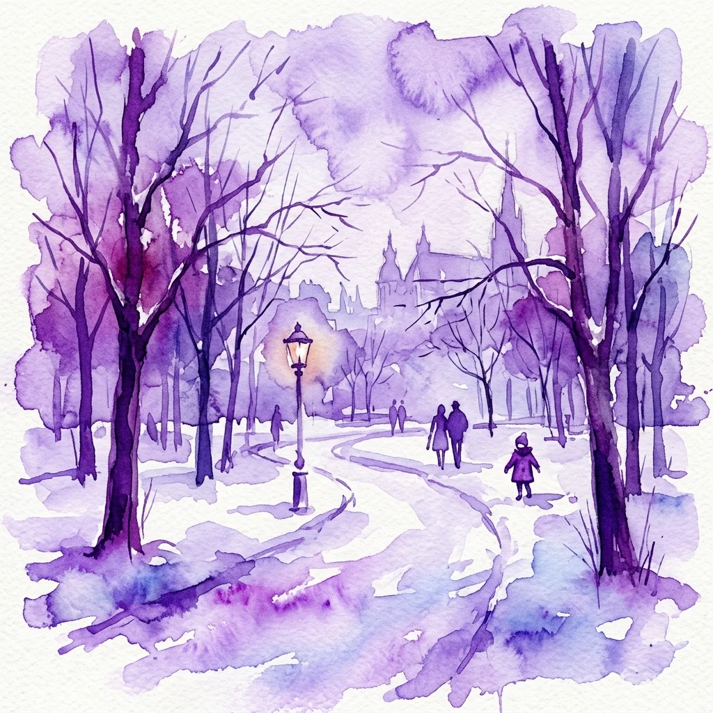 Waterverfillustratie van een besneeuwd parkpad met kale bomen, een verlichte lantaarnpaal en wandelende mensen, die een nostalgische winterscène uit het verleden van Wenen oproept.