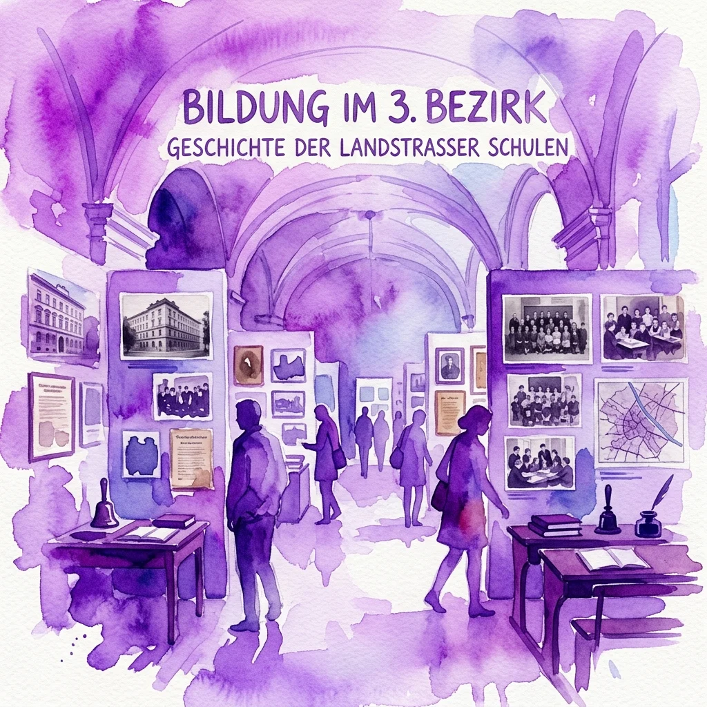 Ilustracja akwarelowa wystawy zatytułowanej 'Bildung im 3. Bezirk: Geschichte der Landstrasser Schulen' prezentującej archiwalne zdjęcia, dokumenty i artefakty szkolne, wystawione w galerii muzealnej z obserwującymi zwiedzającymi.