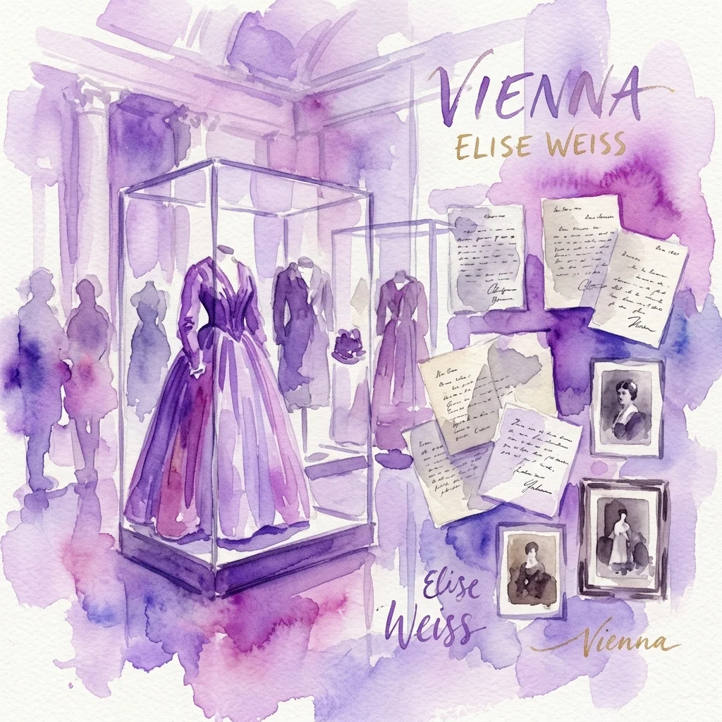 Ilustracja akwarelowa wystawy muzealnej prezentującej historyczne suknie w gablotach, ręcznie pisane listy i fotografie, z tekstem 'Wiedeń' i 'Elise Weiss', reprezentująca wystawę kulturalną.
