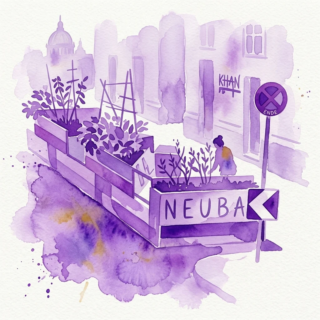 Fioletowa ilustracja akwarelowa sceny ulicznej w Neubau, przedstawiająca donice z zielenią, osobę dbającą o rośliny oraz znak z napisem 'NEUBA'. W tle widać budynki i kopułę, znak 'Khan' oraz znak drogowy 'Zakaz wjazdu'.