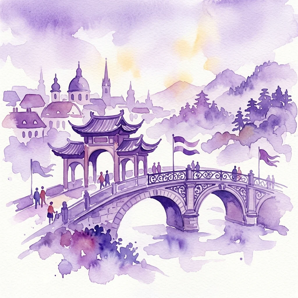 A watercolor illustration of a bridge blending Chinese and Viennese architectural styles, with people walking across and flags representing Vienna and China, set against a backdrop of city and mountain scenery.