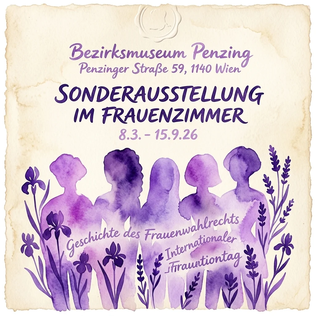 Póster de estilo vintage para la exposición 'Sonderausstellung im Frauenzimmer' en el Bezirksmuseum Penzing, con siluetas púrpuras de acuarela de mujeres y elementos florales sobre papel envejecido.