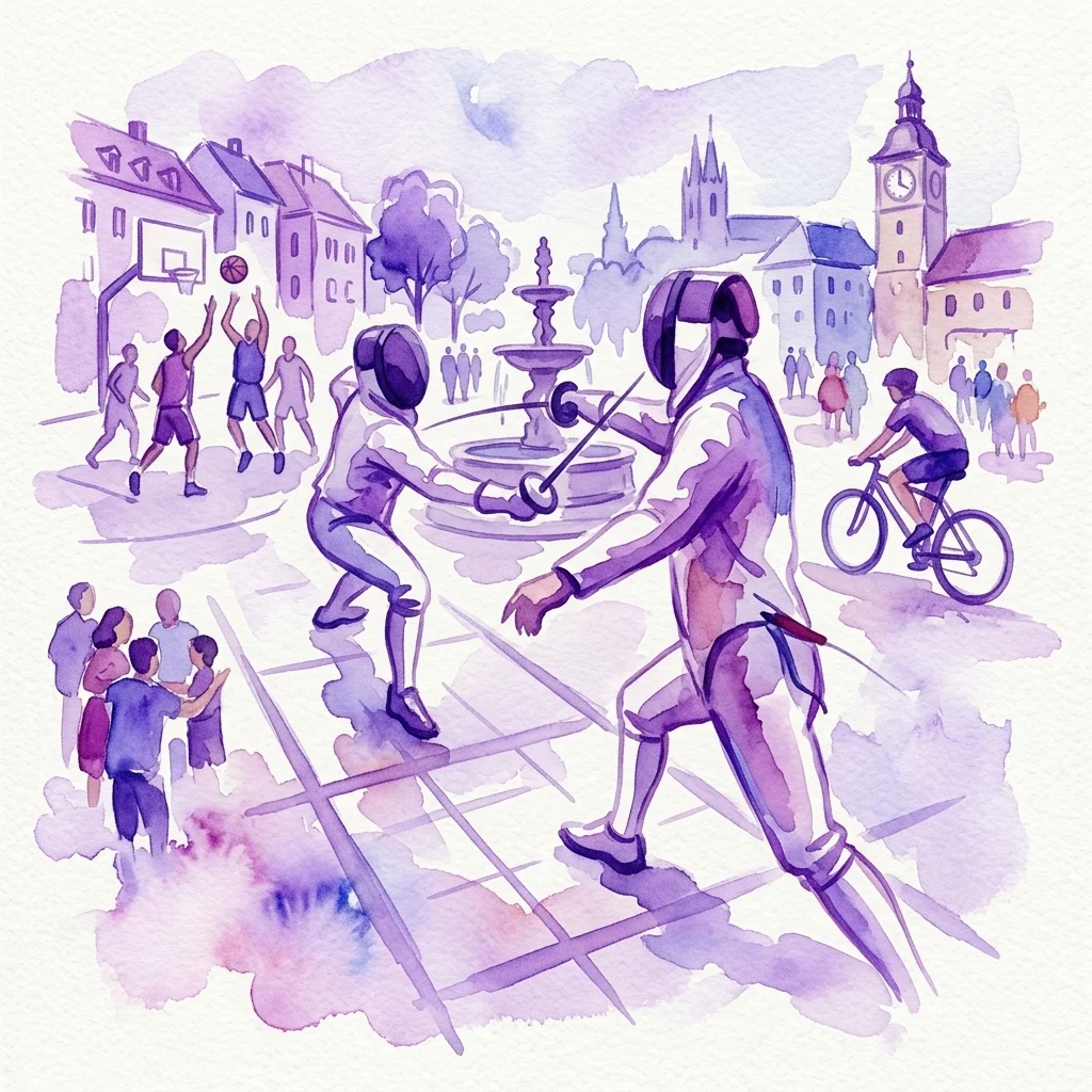 Ilustracja akwarelowa tętniącego życiem placu miejskiego z szermierzami na pierwszym planie, koszykarzami, rowerzystami i fontanną, reprezentująca wystawę 'Sport in der Inneren Stadt' w Bezirksmuseum w Wiedniu.