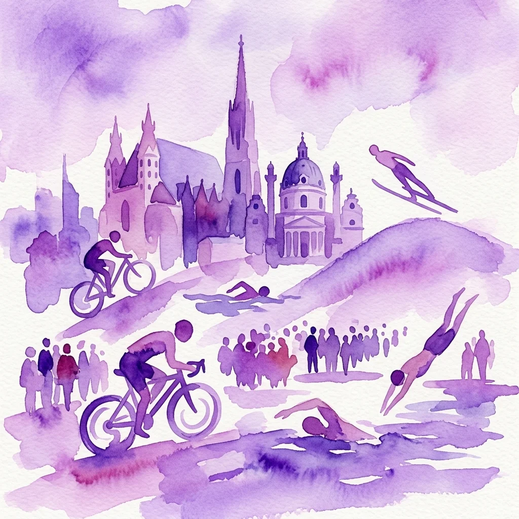 Ilustracja akwarelowa wiedeńskiej kultury sportowej przedstawiająca rowerzystów, pływaków, skoczka narciarskiego oraz zabytki miasta, takie jak Katedra św. Szczepana i Kościół Karola Boromeusza, w fioletowych odcieniach.