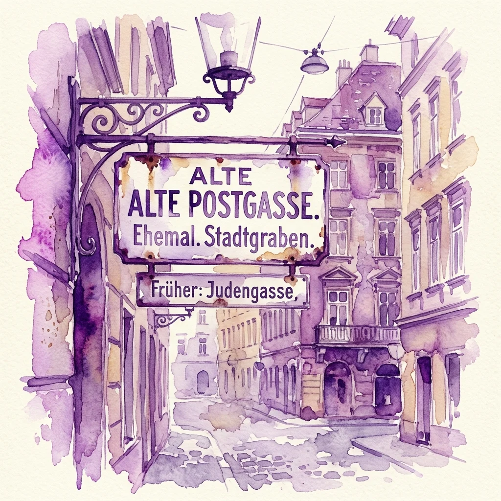 Ilustracja akwarelowa historycznego znaku ulicznego w Wiedniu z napisem 'ALTE POSTGASSE. Ehemal. Stadtgraben.' i notatką 'Früher: Judengasse,' na tle starej europejskiej architektury.