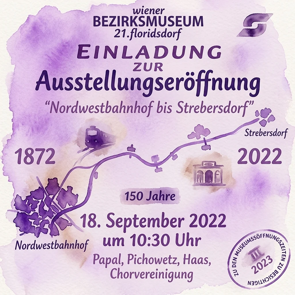 Zaproszenie na otwarcie wystawy w Wiener Bezirksmuseum Floridsdorf, upamiętniające 150-lecie linii kolejowej Nordwestbahn od Nordwestbahnhof do Strebersdorf, z fioletową mapą akwarelową przedstawiającą pociąg i zabytki.
