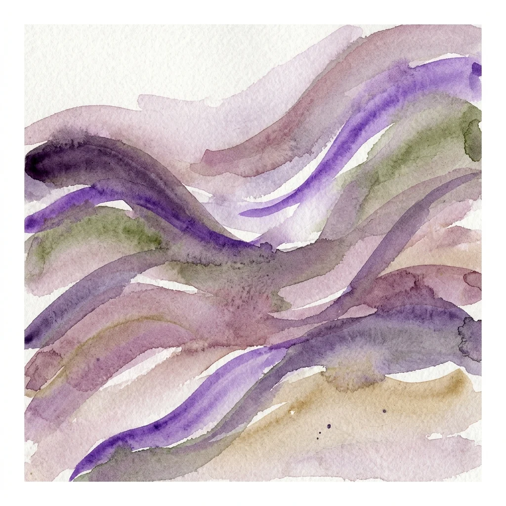 Abstract aquarelkunstwerk met vloeiende paarse, groene en beige golven op getextureerd papier, wat een gevoel van rustige contemplatie oproept.