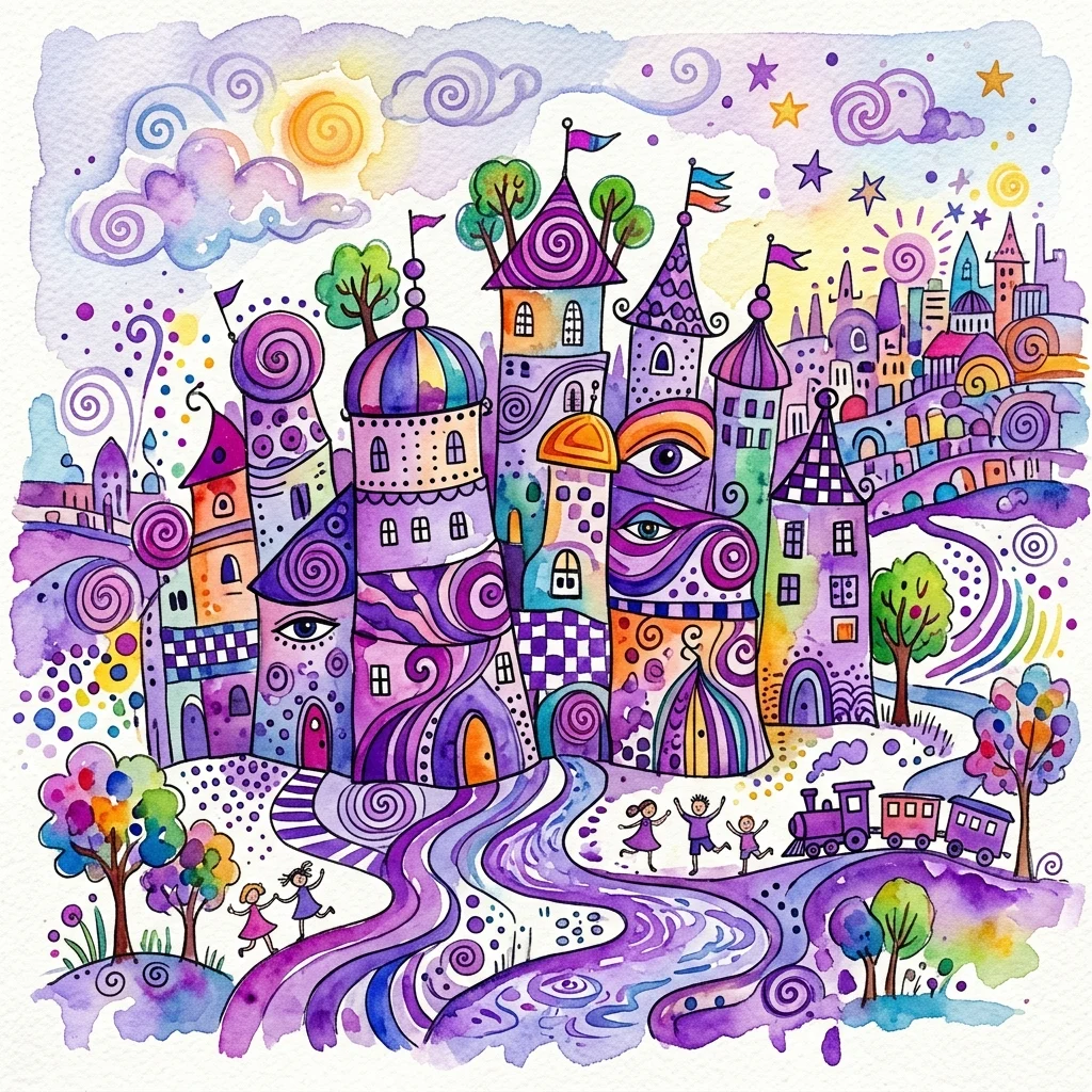 Vibrantes obras de arte infantiles que representan una ciudad caprichosa con edificios coloridos y orgánicos, espirales y elementos lúdicos inspirados en Friedensreich Hundertwasser.