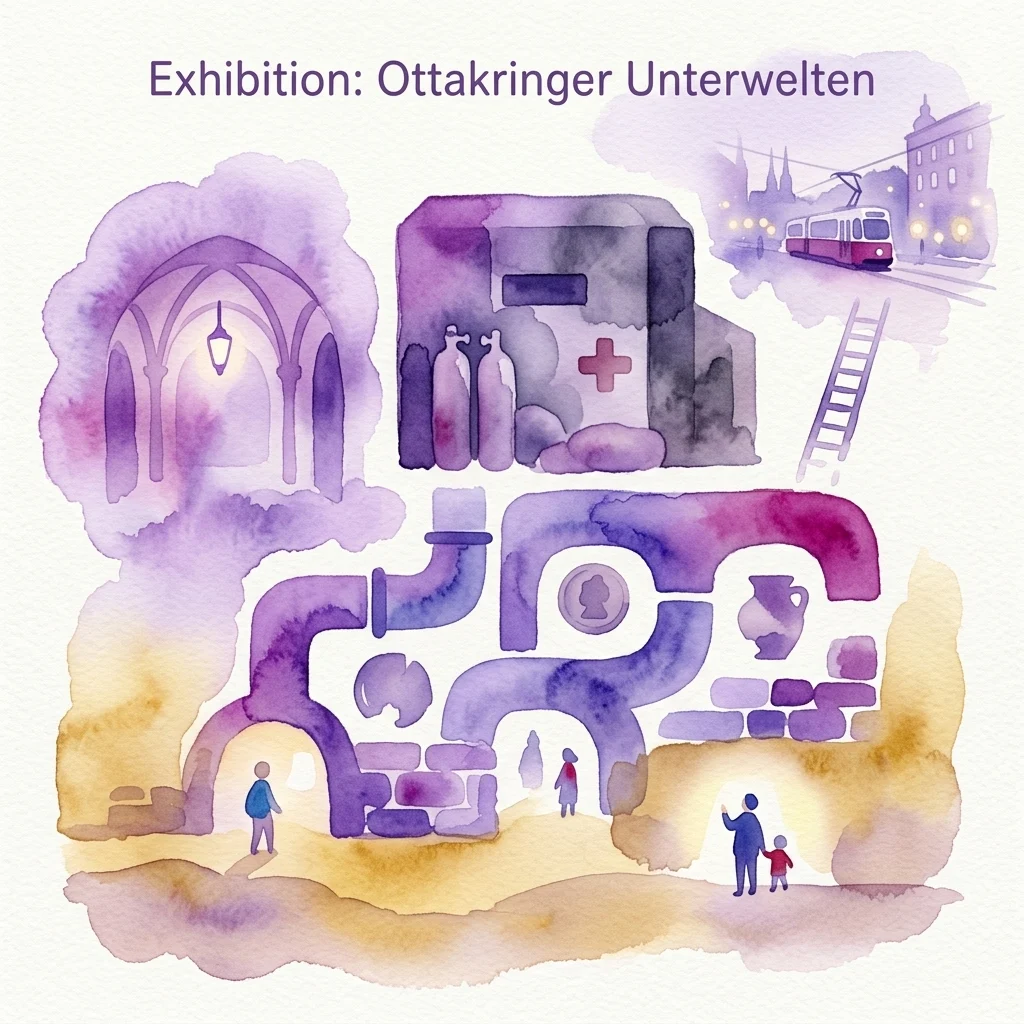 Ilustracja akwarelowa wystawy „Unterirdisches Ottakring”, przedstawiająca podziemne sceny, w tym kryptę kościelną, bunkier wojenny, starożytne rury i odkrywców odkrywających ukryte tunele w wiedeńskiej dzielnicy Ottakring.