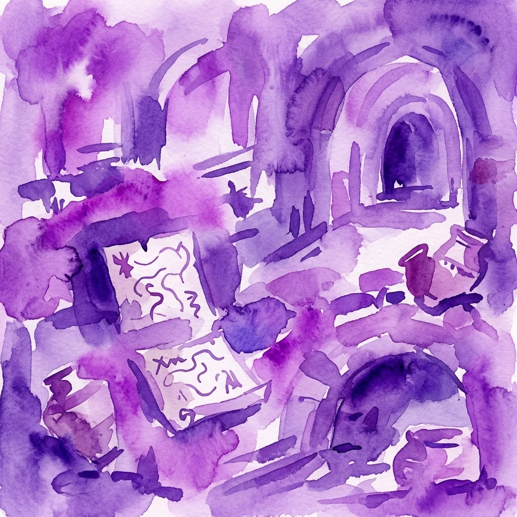 A purple watercolor illustration depicting an underground scene with arches, artifacts, and maps, representing the historical subterranean structures of Vienna's Simmering district.