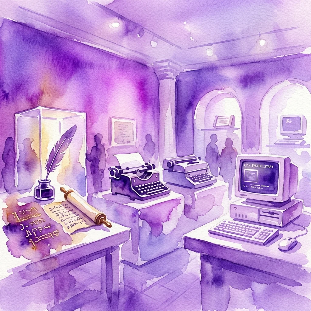 Ilustración en acuarela de una exposición de museo que muestra la evolución de las herramientas de escritura, desde plumas de ave y pergaminos hasta máquinas de escribir y primeras computadoras, bajo una iluminación ambiental púrpura.