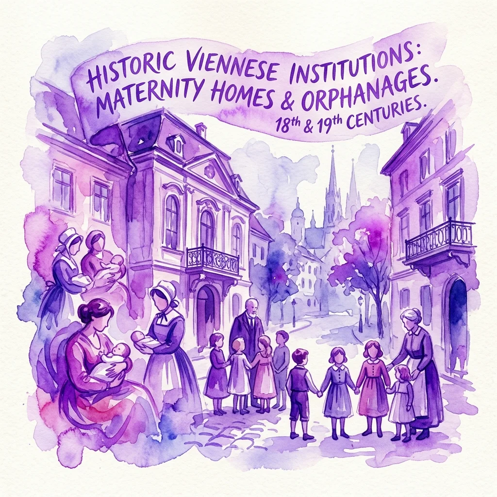 Ilustración en acuarela de casas de maternidad y orfanatos históricos vieneses de los siglos XVIII y XIX, que muestran a mujeres con bebés y niños cerca de edificios clásicos.