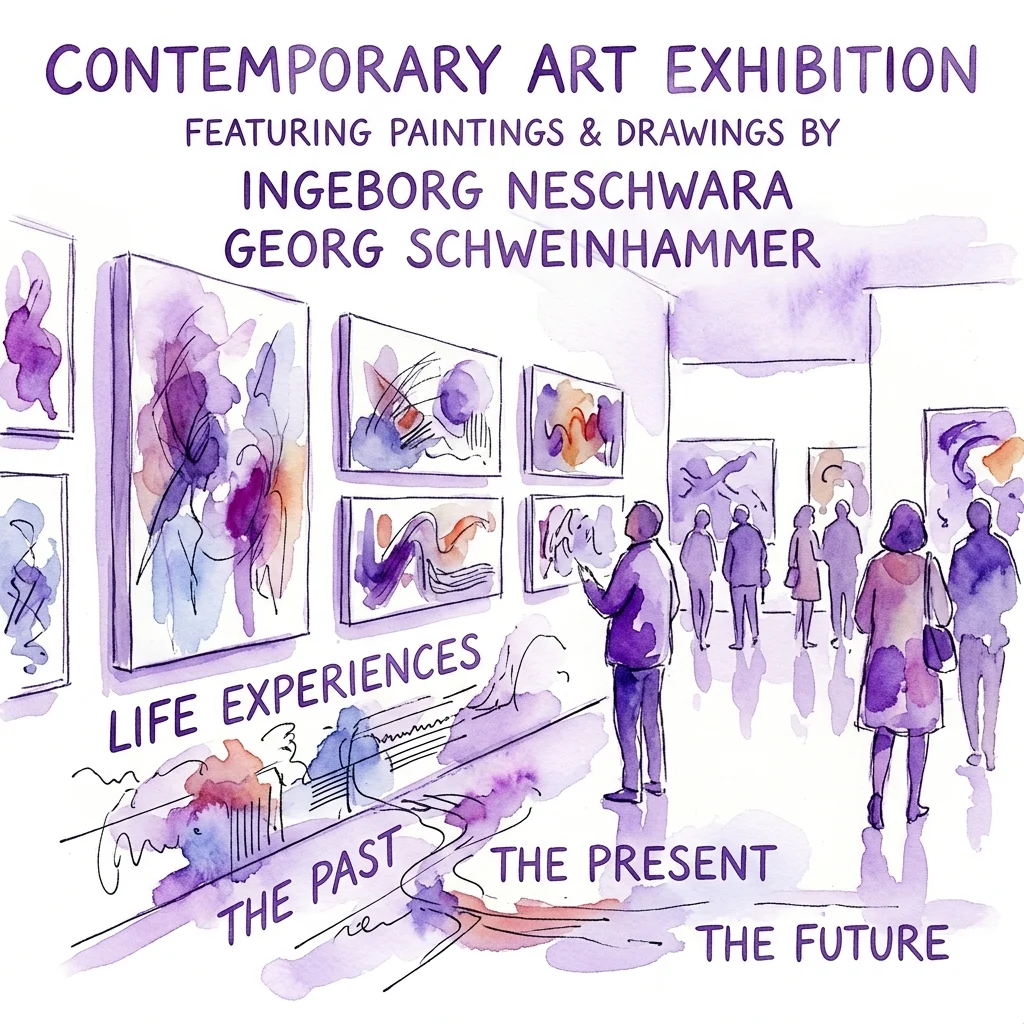 Exposición de arte contemporáneo que presenta pinturas y dibujos de Ingeborg Neschwara y Georg Schweinhammer, explorando experiencias vitales, el pasado, el presente y el futuro en un entorno de galería. La exposición se puede ver en una galería.