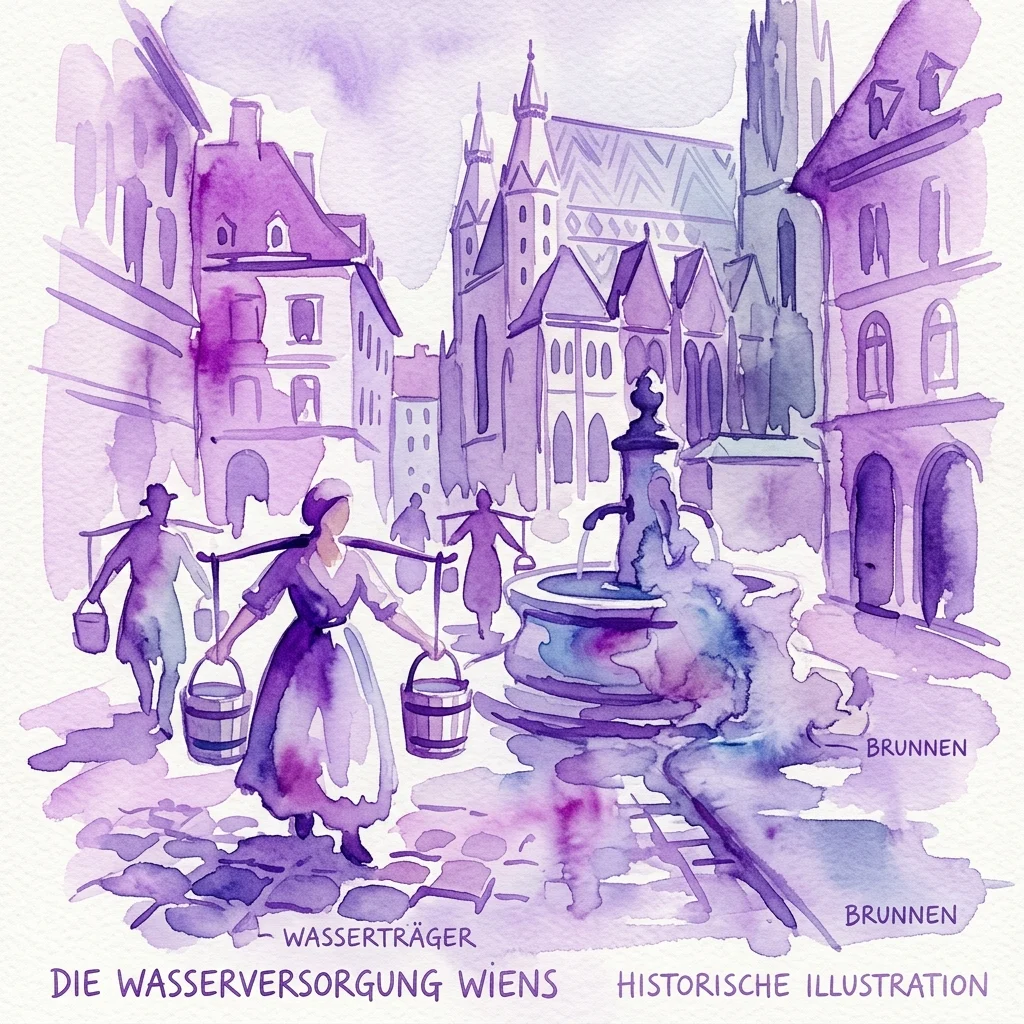 Historyczna ilustracja akwarelowa systemu wodociągowego Wiednia, przedstawiająca tragarzy wody z wiadrami w pobliżu fontanny, z etykietami 'Wasserträger' i 'Brunnen', z widokiem na stare budynki miasta w tle.