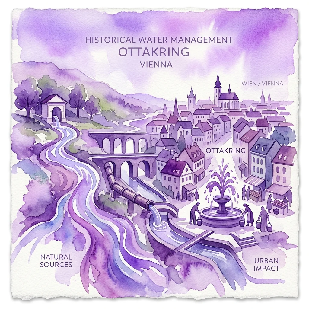 Ilustracja akwarelowa przedstawiająca historyczne zarządzanie wodą w Ottakring w Wiedniu, ukazująca naturalne źródła, akwedukty oraz wpływ miejski z fontanną i mieszkańcami.