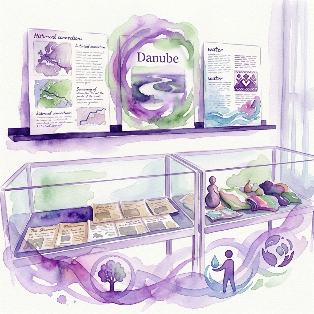 Una exposición ilustrada sobre el río Danubio, con paneles informativos sobre conexiones históricas y cultura del agua, artefactos en vitrinas y obras de arte temáticas sobre el agua.