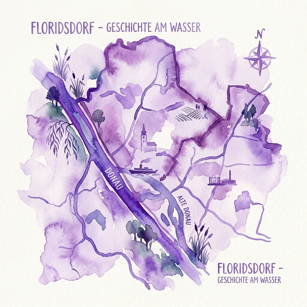 Watercolor map of Floridsdorf showing the Donau and Alte Donau rivers, with cultural symbols like a church, boat, and factories, illustrating the exhibition 'Water – Nature and Culture in Floridsdorf'