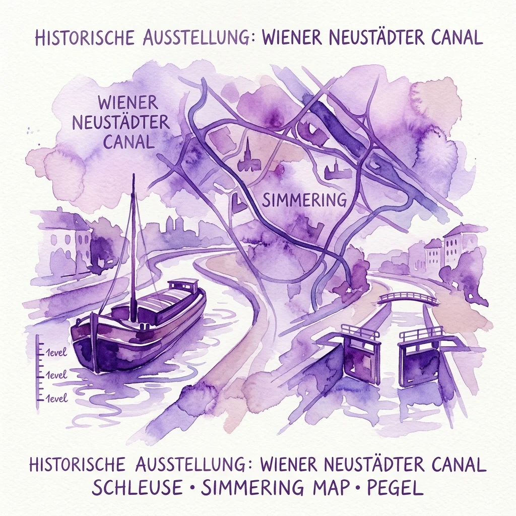 Ilustración en acuarela del Canal Wiener Neustädter en Simmering, Viena, que muestra una barcaza, esclusas y elementos de un mapa histórico con tonos púrpuras.