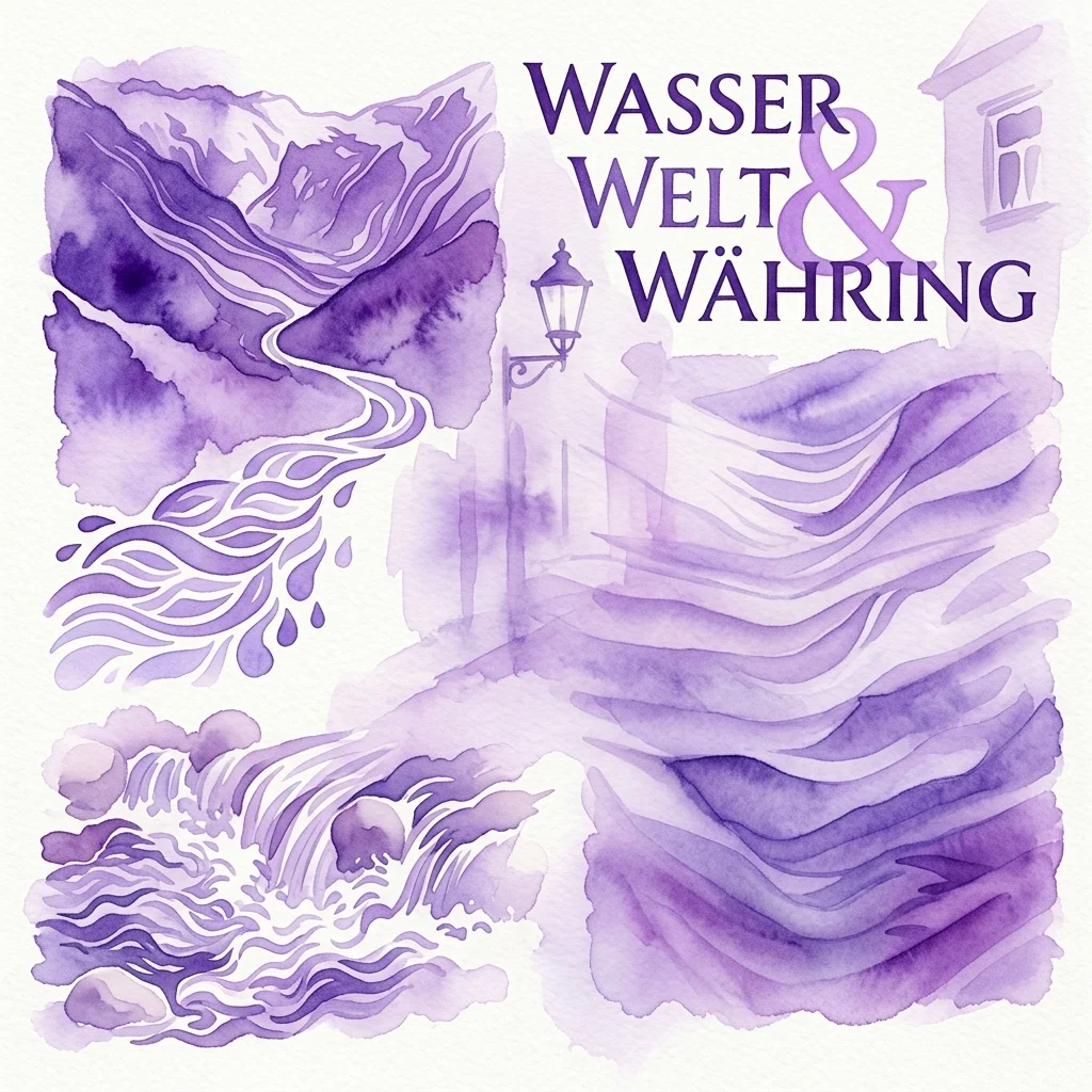 Ilustración en acuarela en tonos púrpuras que representa agua que fluye, olas y una farola, con el texto 'WasserWelt & Währing' prominentemente mostrado, representando una exposición sobre el agua en el distrito de Währing de Viena.