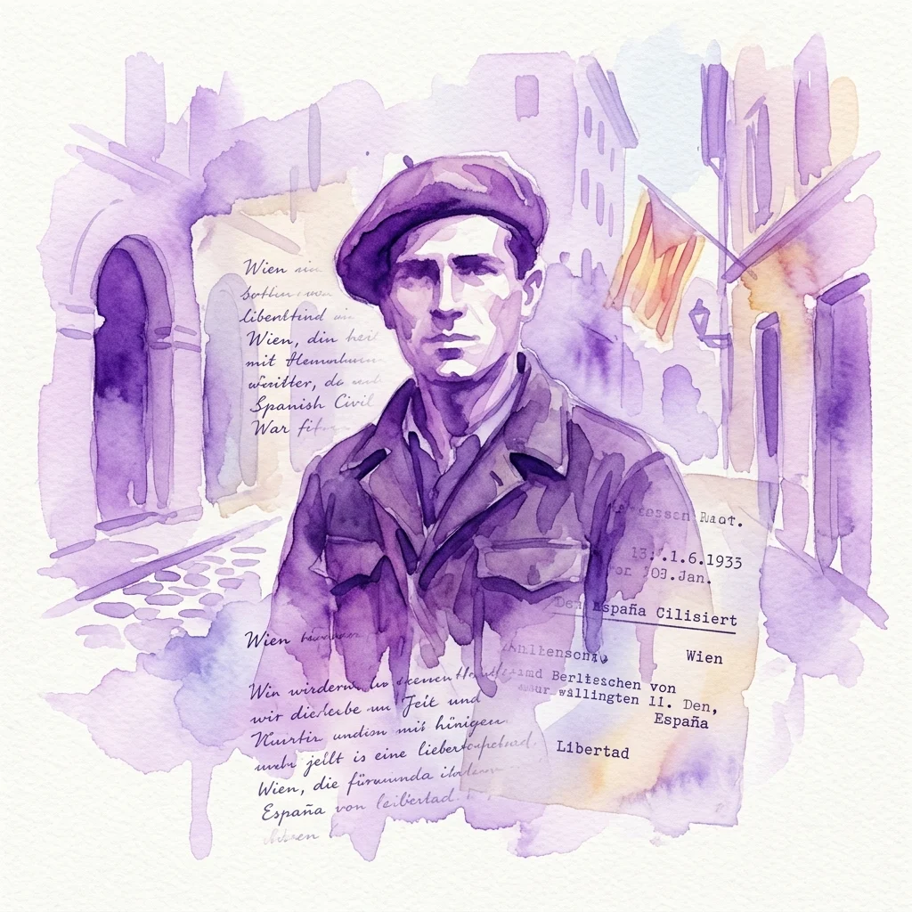Retrato en acuarela de Karl Sequens, combatiente floridsdorfer de la Guerra Civil Española, con cartas y documentos manuscritos, ambientado sobre un telón de fondo de una ciudad europea de los años 30.