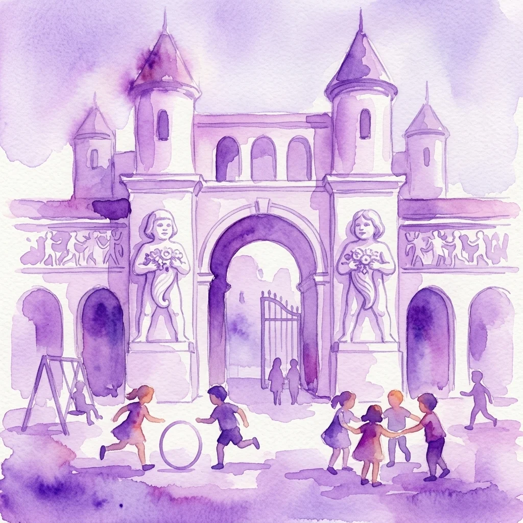 Ilustracja akwarelowa Dziecięcego Centrum Przyjęć Juliusa Tandlera w Wiedniu, budowli przypominającej pałac z bawiącymi się przed nią dziećmi, symbolizującej bezpieczne i opiekuńcze środowisko.