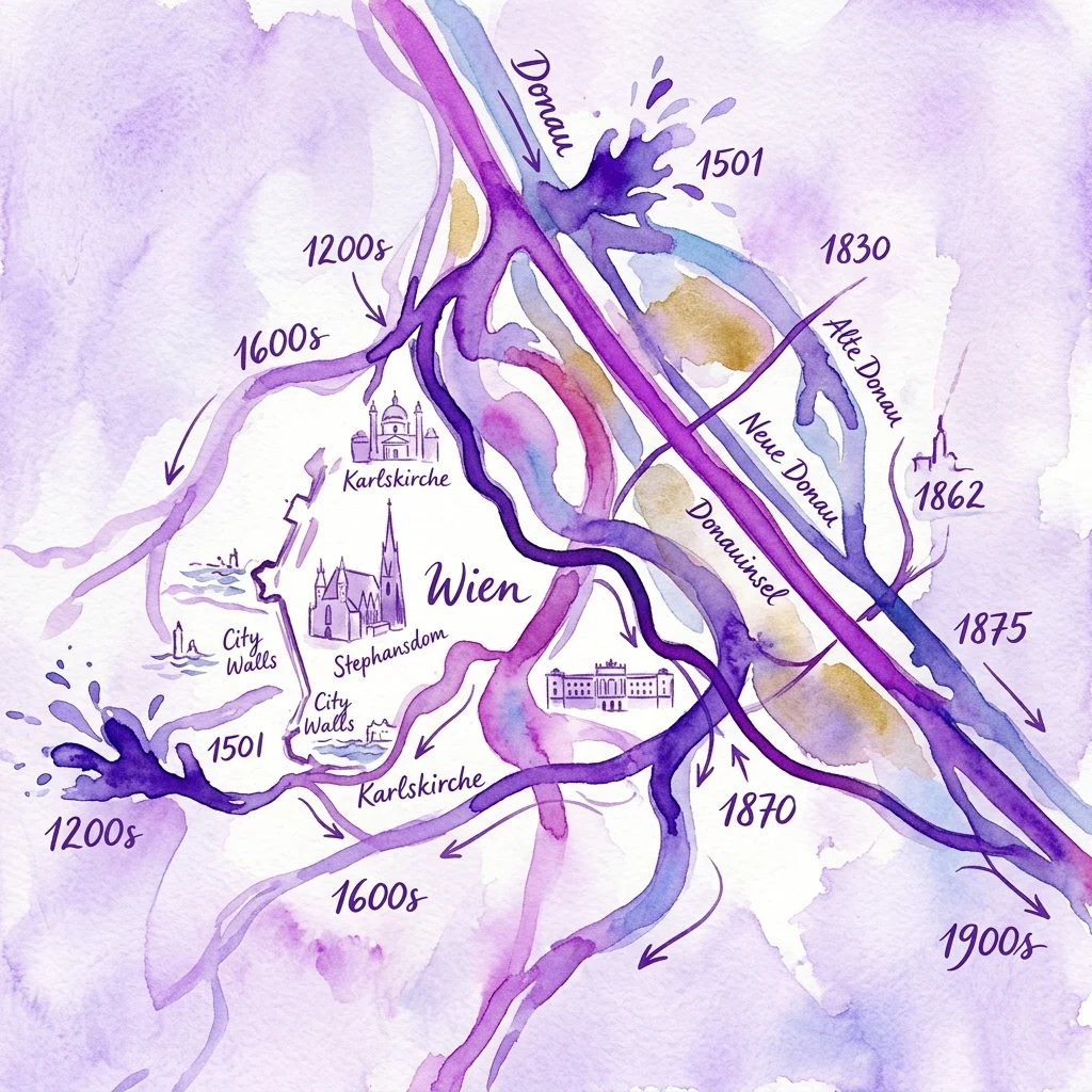 Mapa akwarelowy przedstawiający historyczne zmiany biegu Dunaju przez Wiedeń od XII do XX wieku, podkreślający kluczowe punkty orientacyjne i wydarzenia powodziowe.