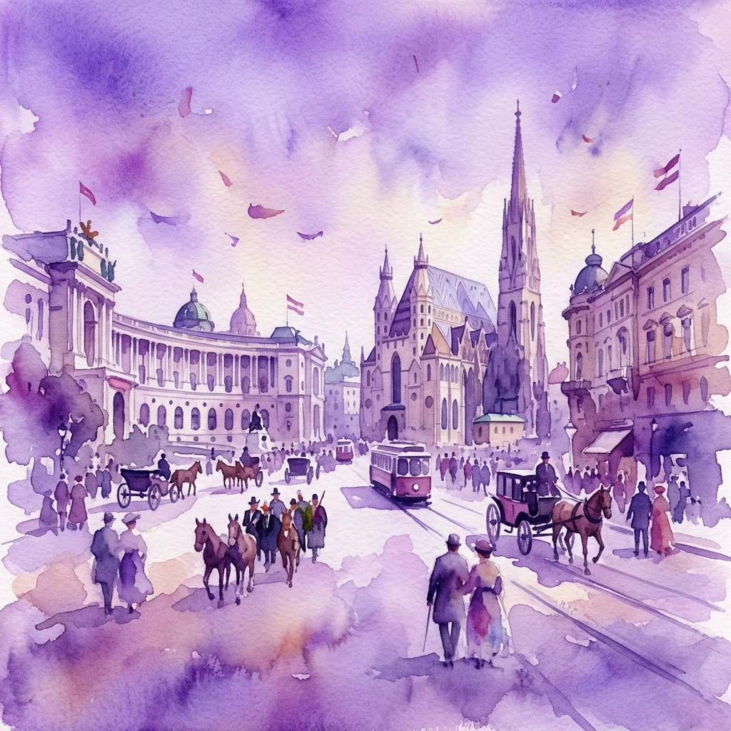 Ilustracja akwarelowa tętniącej życiem wiedeńskiej ulicy z 1914 roku, przedstawiająca dorożki konne, wczesne tramwaje i zabytkową architekturę pod purpurowym niebem, przywołująca atmosferę końca pewnej epoki.