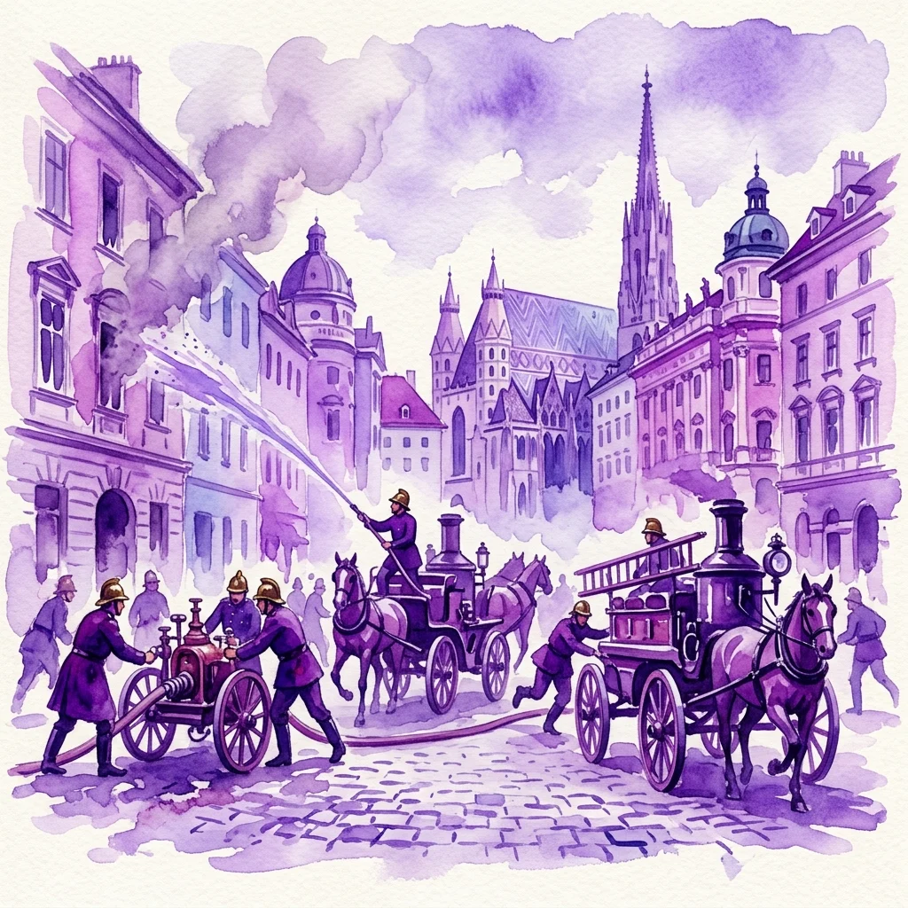 Ilustración en acuarela de bomberos vieneses en acción utilizando carros de bomberos tirados por caballos para combatir un incendio en un edificio, con el telón de fondo de la arquitectura histórica vienesa.