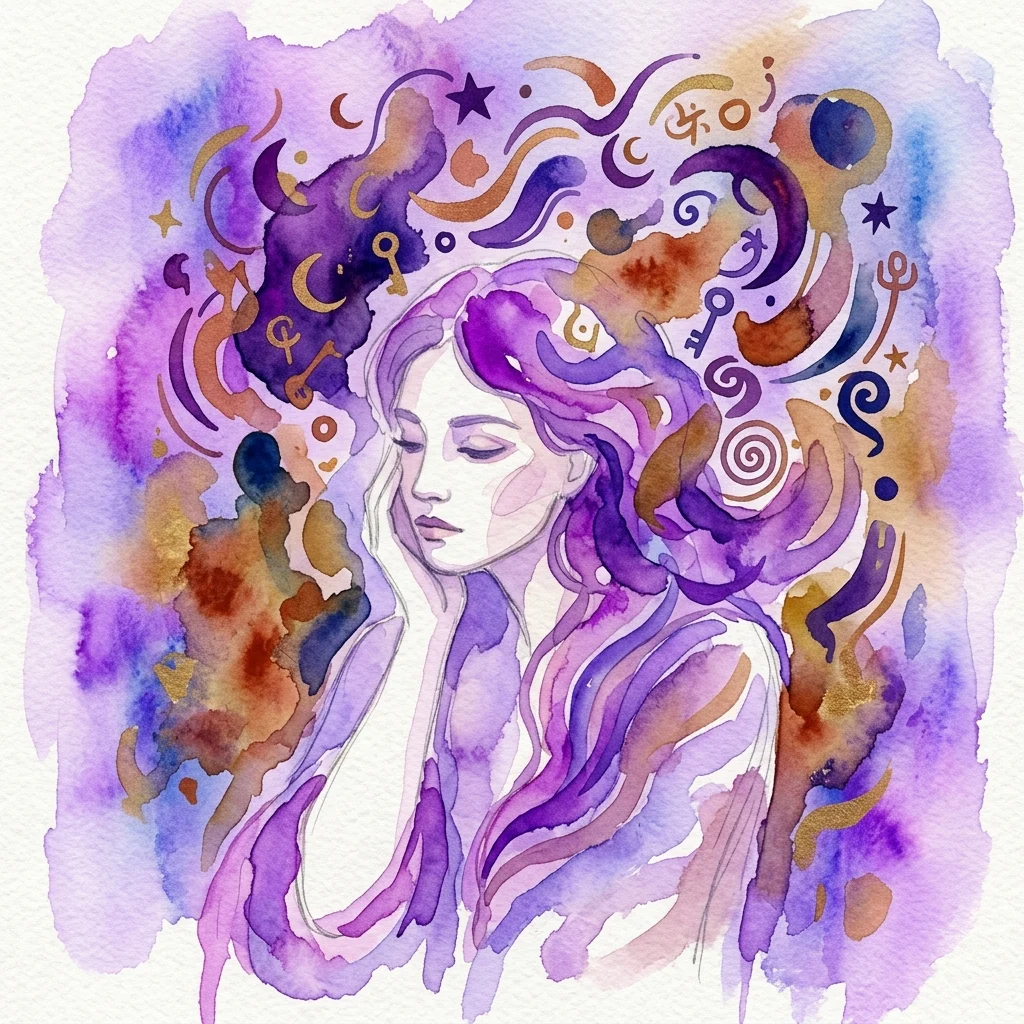 Een surrealistisch aquarelportret van een vrouw met gesloten ogen, omringd door abstracte symbolen zoals sterren, manen en sleutels in paarse en gouden tinten, wat intellectuele nieuwsgierigheid oproept.