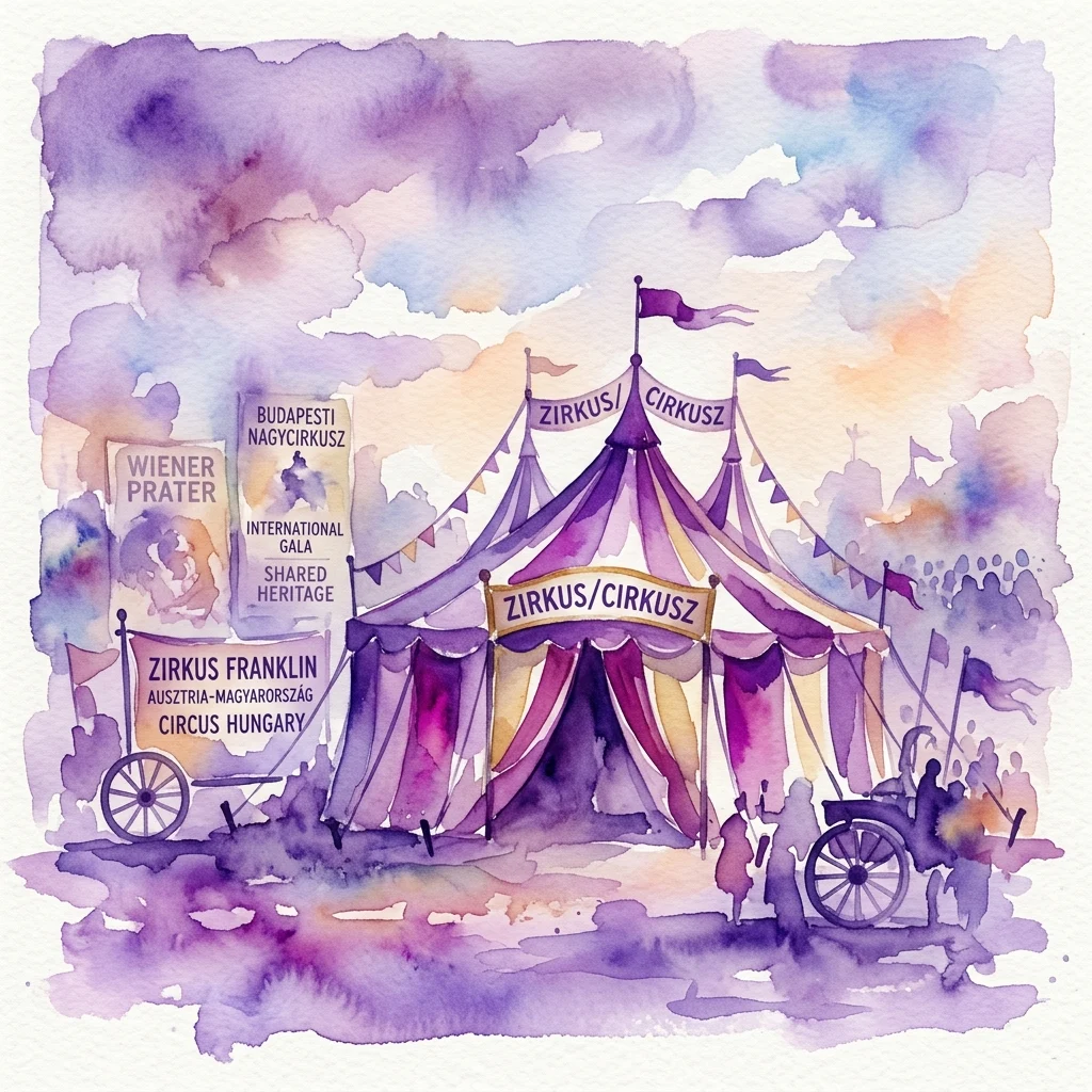 Ilustracja akwarelowa zabytkowego namiotu cyrkowego z napisem 'Zirkus/Cirkusz', otoczona banerami 'Wiener Prater', 'Budapesti Nagycirkusz' i 'Circus Hungary', przywołująca międzynarodową historię cyrku.