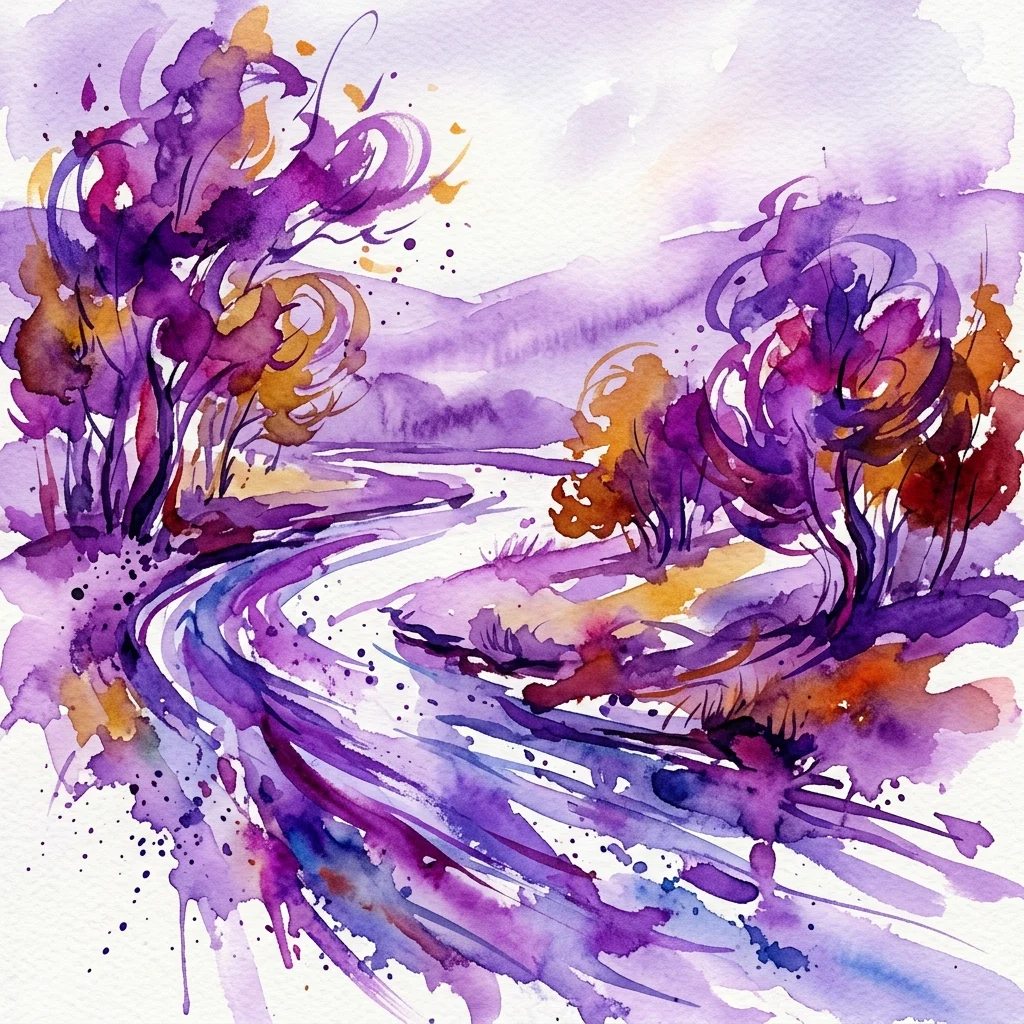Una pintura dinámica de acuarela de un río sinuoso a través de árboles de otoño, representada en vibrantes tonos púrpuras y dorados con pinceladas expresivas, característico del estilo caligráfico moderno de Boulin Hu.