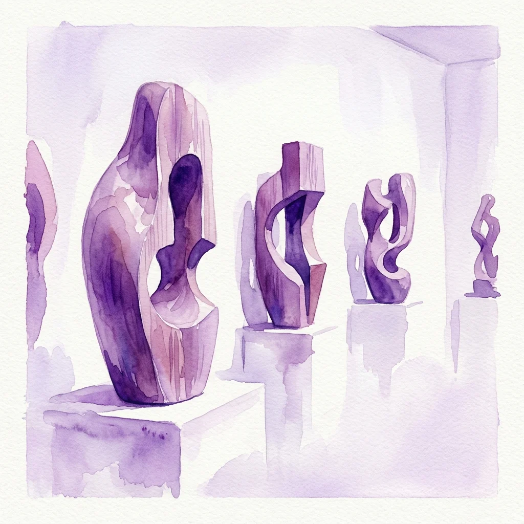 Abstracte houten sculpturen van Zsolt Nagy, met vloeiende en scherpe overgangen, tentoongesteld in een galerie met een minimalistisch paars en wit kleurenpalet.
