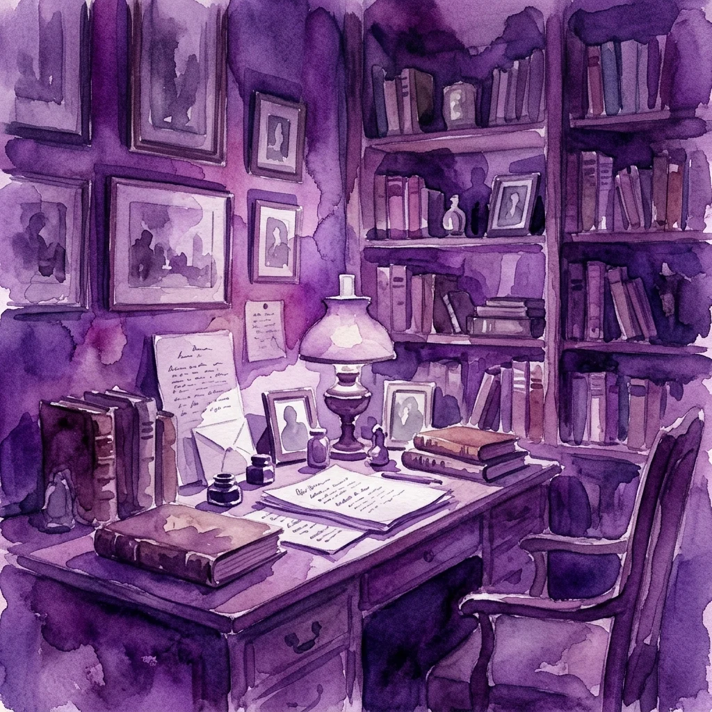 Een aquarelillustratie van een schemerig verlichte studeerkamer met een bureau, boeken, ingelijste foto's en handgeschreven papieren, die de literaire nalatenschap van Erich Fried oproept.