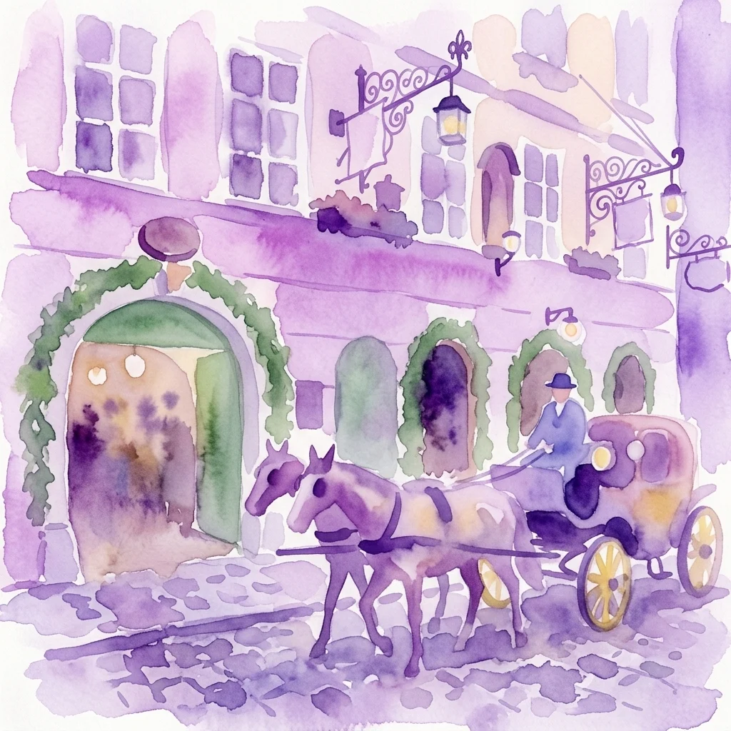 Ilustracja akwarelowa historycznej wiedeńskiej sceny ulicznej w Innere Stadt, przedstawiająca dorożkę, tradycyjną architekturę i ciepło oświetlone wejście do tawerny.