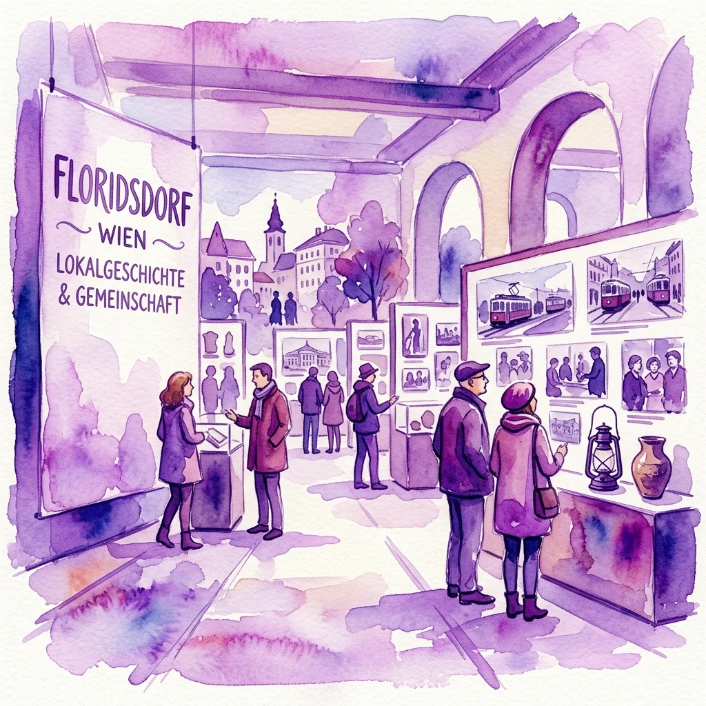 Ilustracja akwarelowa przedstawiająca zwiedzających wystawę „Zu Gast in Floridsdorf”, z historycznymi zdjęciami, artefaktami i dużym znakiem dotyczącym lokalnej historii i społeczności Wiednia z dzielnicy Floridsdorf.