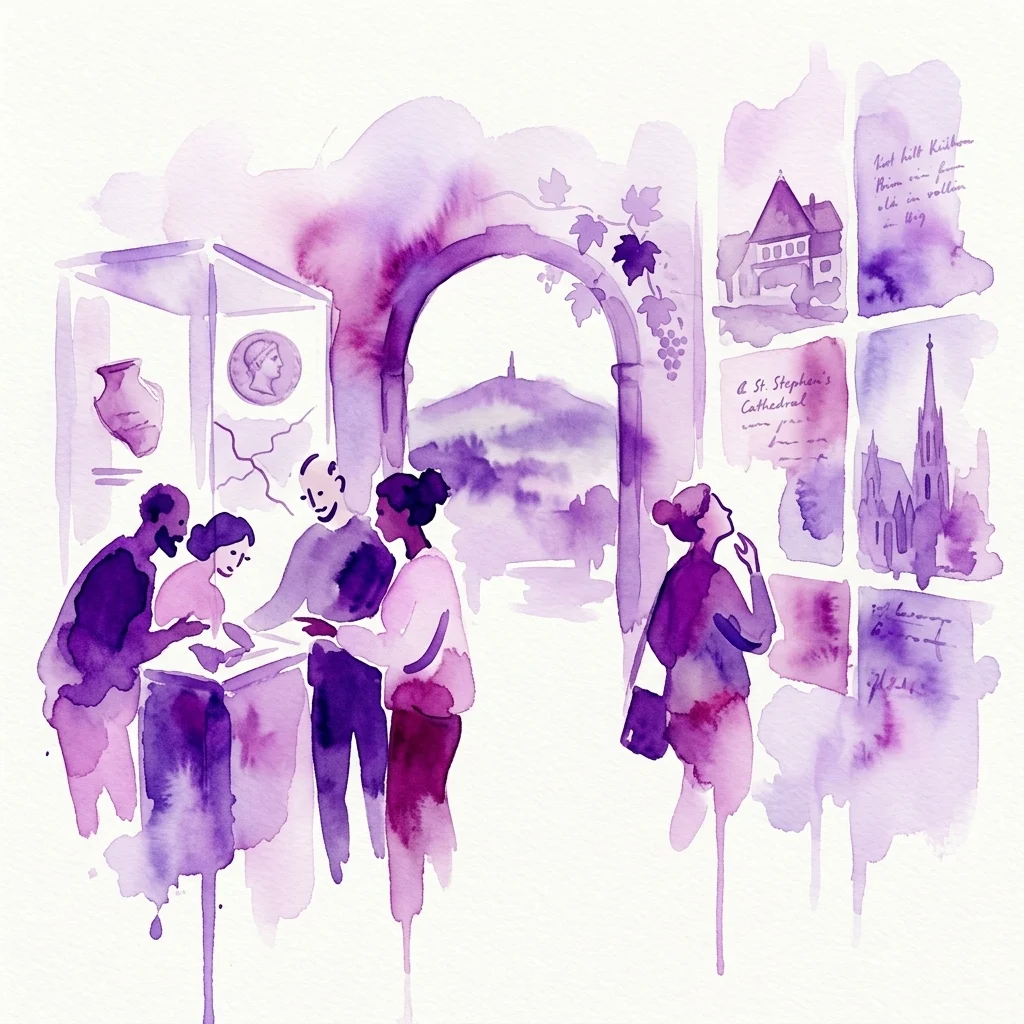 Ilustracja akwarelowa przedstawiająca zróżnicowanych gości zwiedzających wystawę w Bezirksmuseum Hietzing, z purpurowymi scenami wiedeńskich zabytków i artefaktów historycznych.
