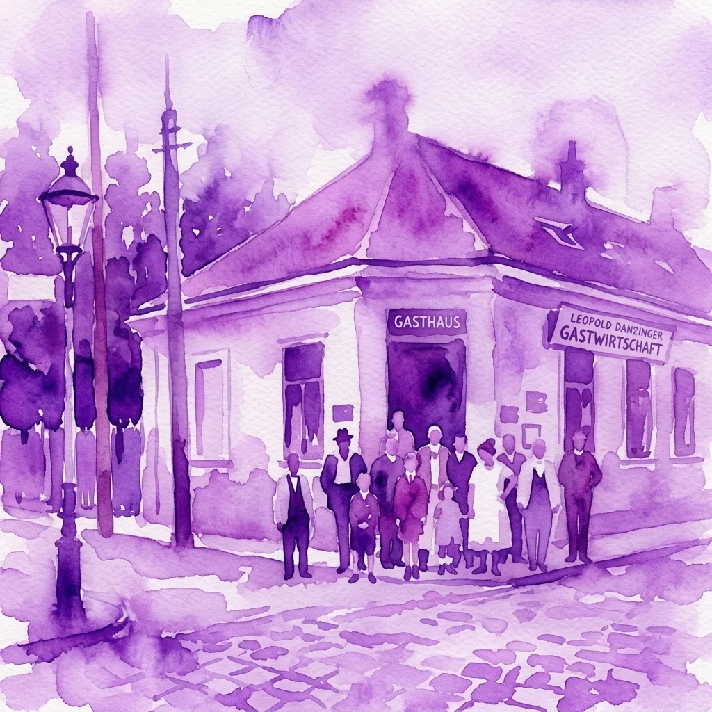 Ilustración en acuarela de una taberna vienesa vintage llamada 'Leopold Danzinger Gastwirtschaft', con clientes reunidos afuera en una calle adoquinada.